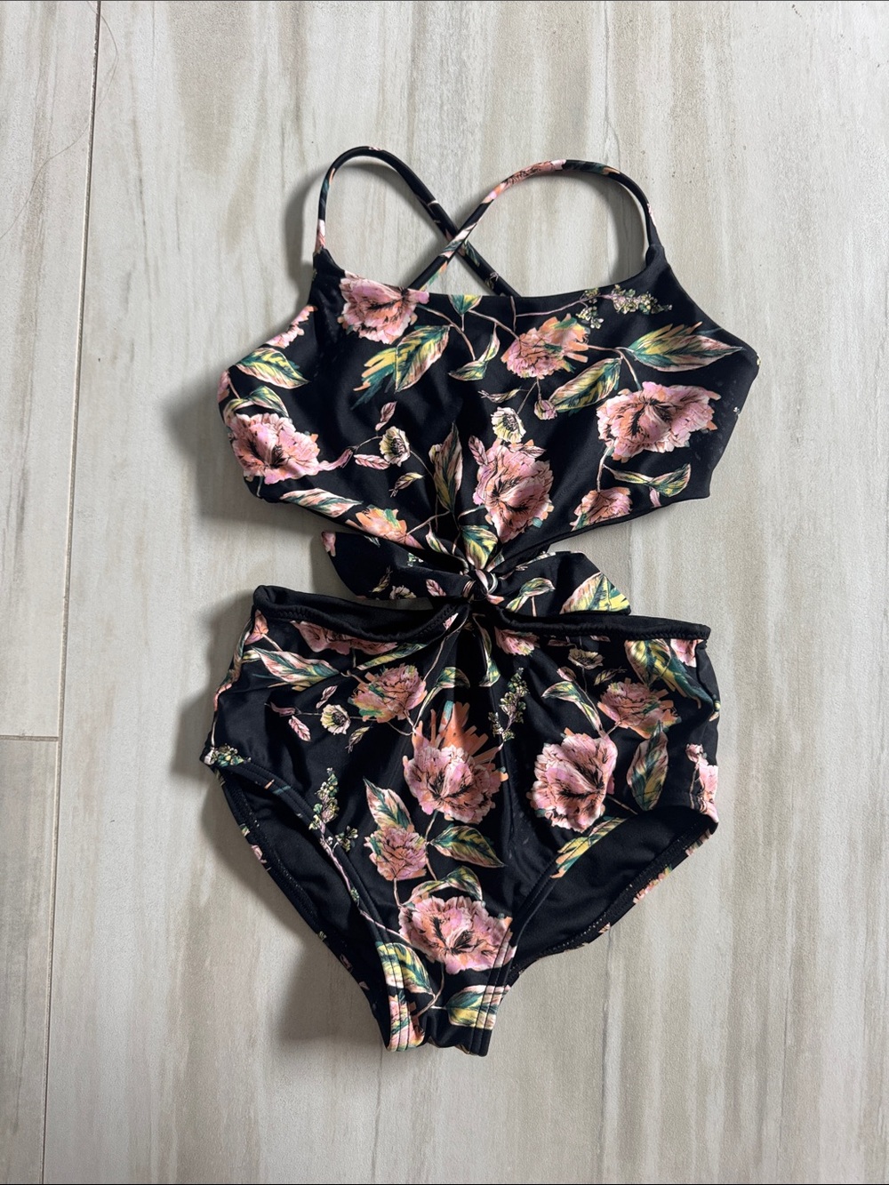 O'Neill Black Floral Cutout One-Piece Swimsuit with Pink Blossoms 7